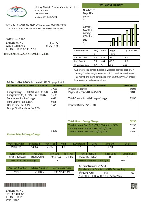 USA Kansas Victory Electric business utility bill template in Word and PDF formats